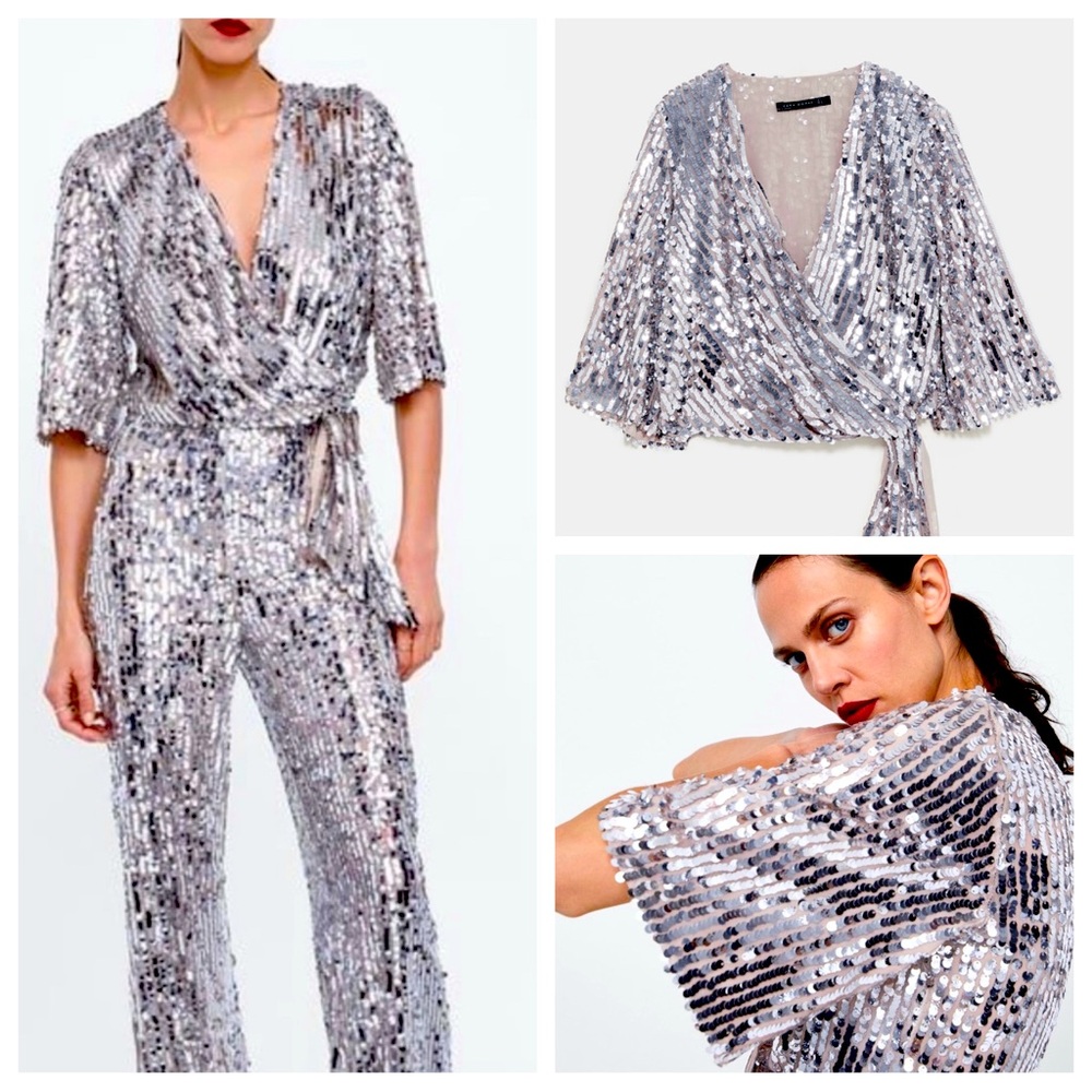 Zara Silver Sequin Wrap Blouse